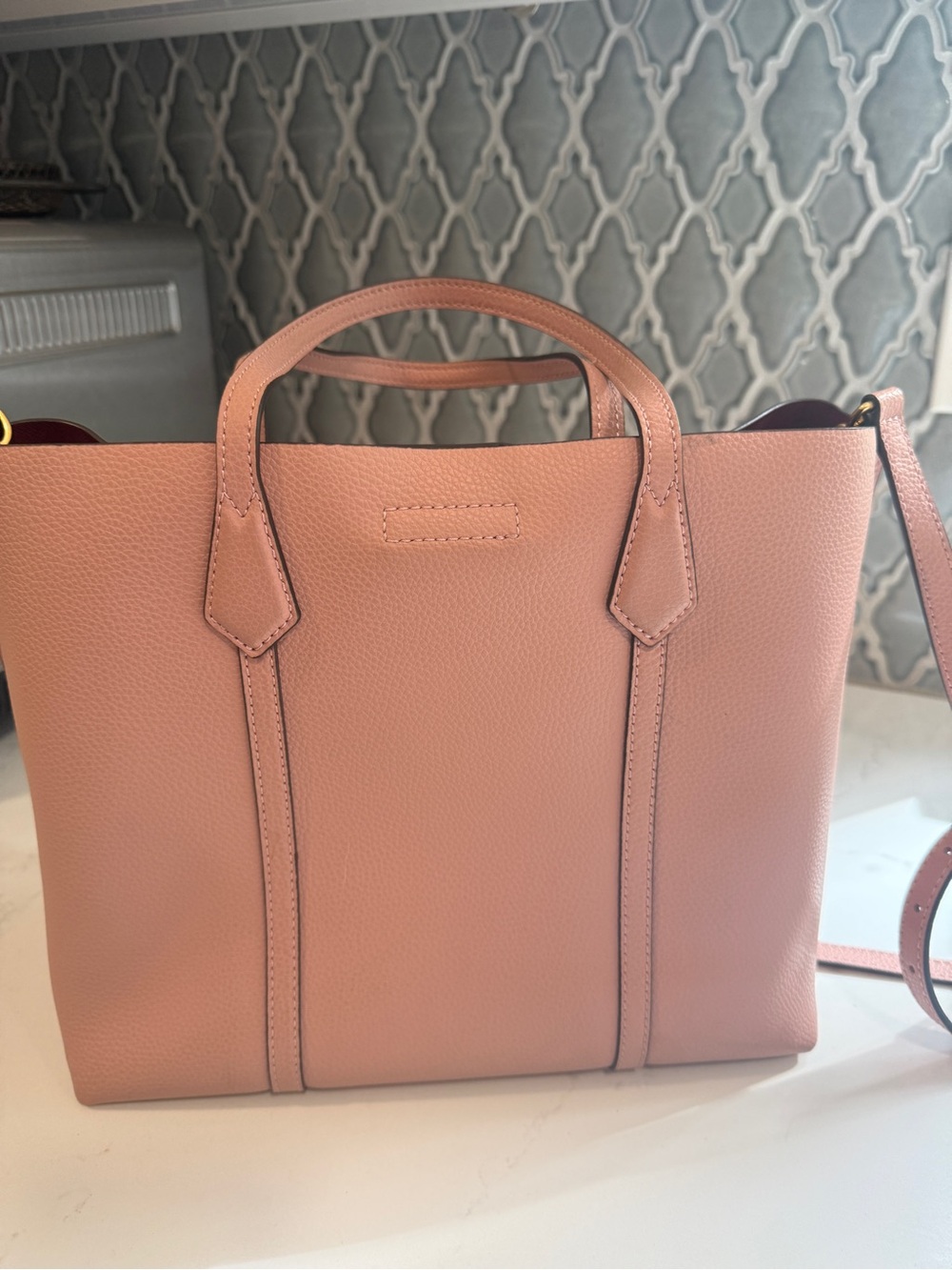 Tory Burch Pebbled Leather Tote | Blush Pink | Crossbody Strap | Perry Style - Picture 3 of 12
